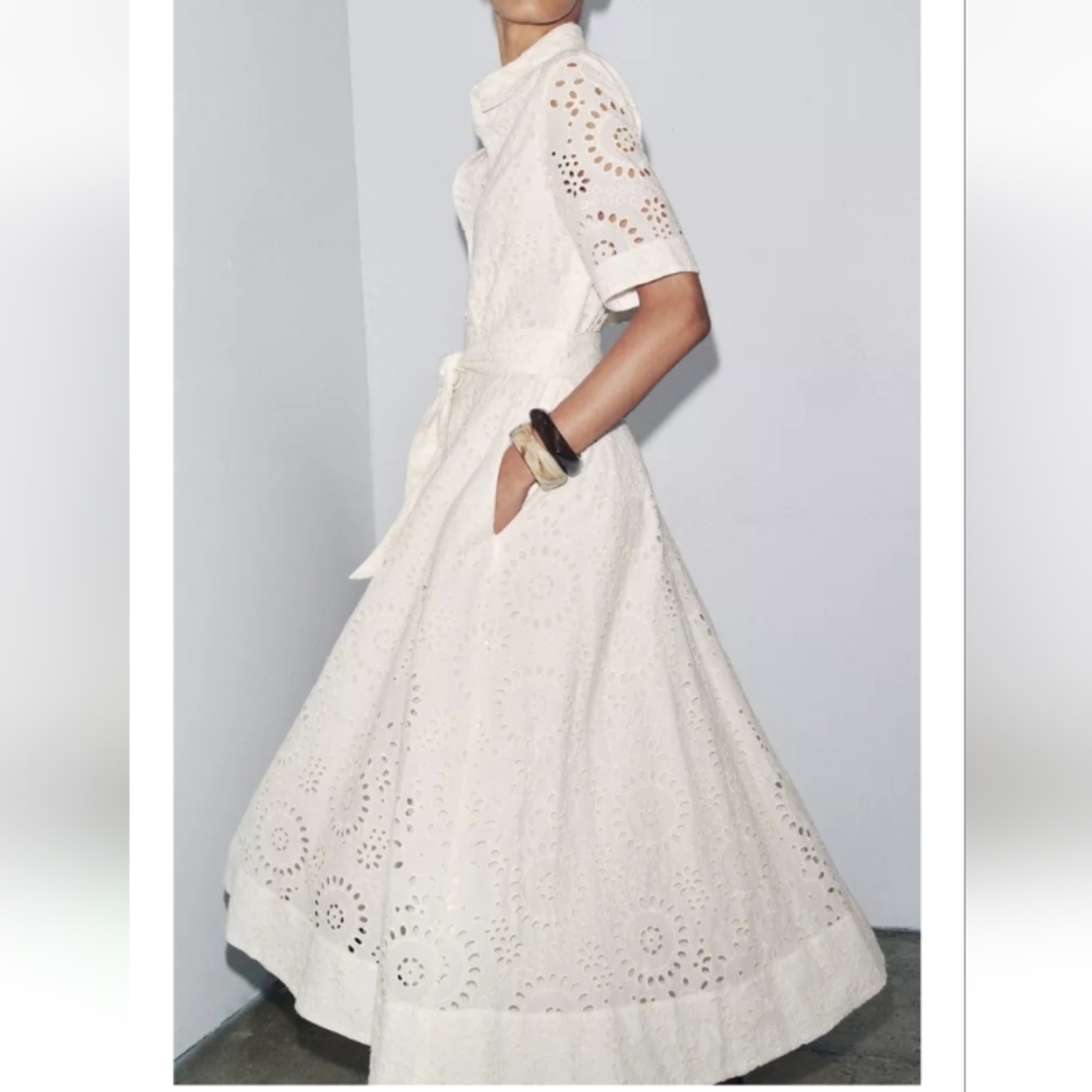 Zara Zw Collection Embroidered Cream Lace Midi Dress Sz-M - Picture 4 of 16